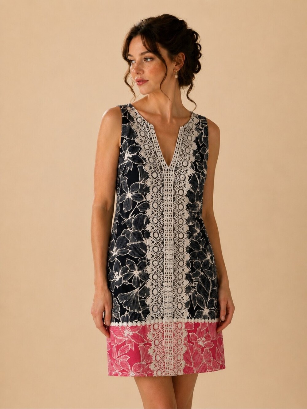 Eliza J Navy/Pink Floral Dress White Crochet Lace Trim Coastal A-Line Silhouette